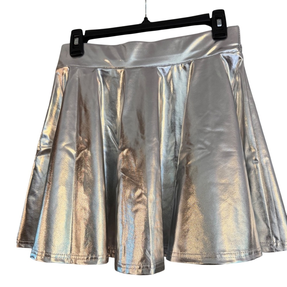 Exchic Skater Skirt Women Medium Silver Excellent Metallic Flared Mini Skirt